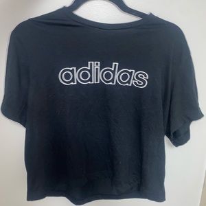 Black Adidas shirt with logos on front and back.